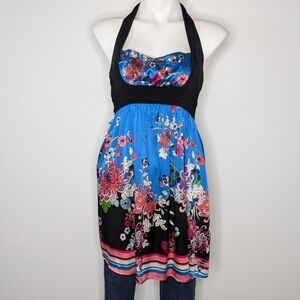 ✨3/$15 Bebe black blue satin floral halter tank top  M